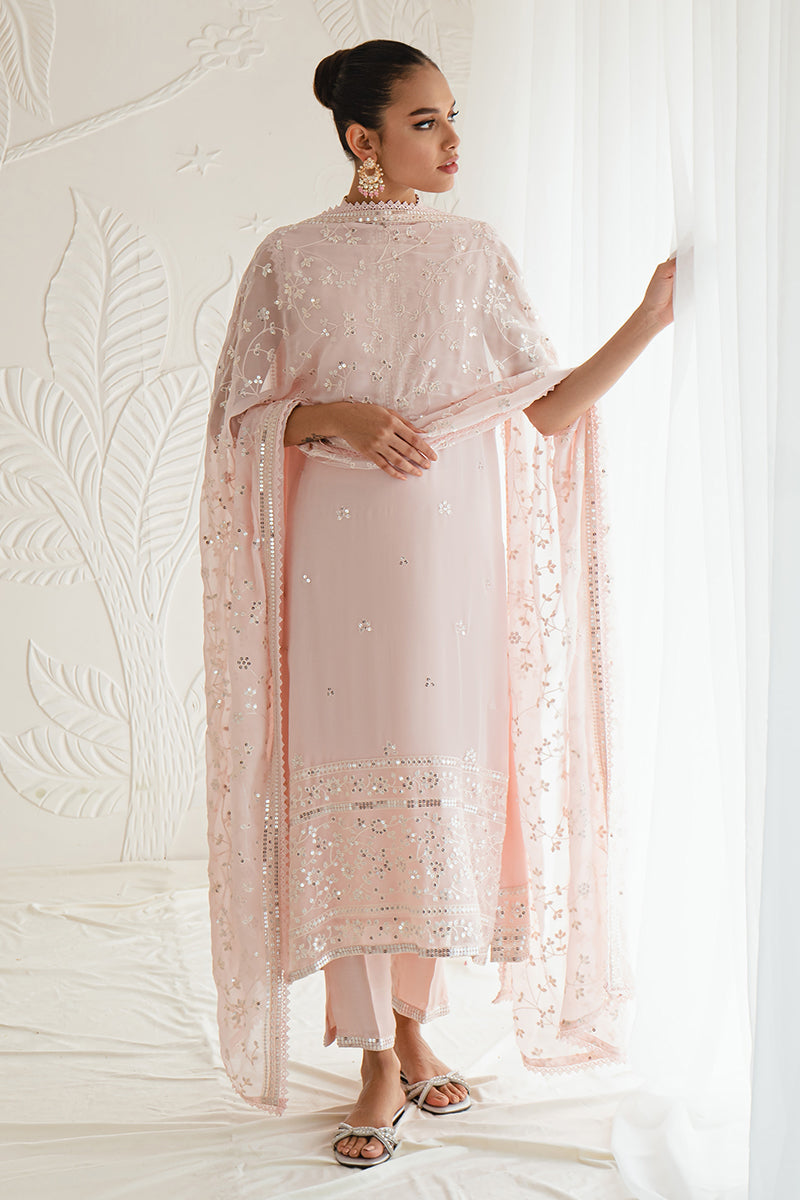 SHELL PINK-4PC CHIFFON EMBROIDERED SUIT || LUXE ATELIER-23 || CROSS STITCH in UK USA UAE online kapraye.com