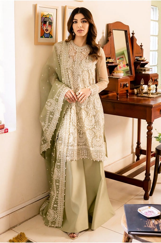 ROYAL OPULENCE-4PC NET EMBROIDERED SUIT || LUXE ATELIER-23 || CROSS STITCH in UK USA UAE online kapraye.com