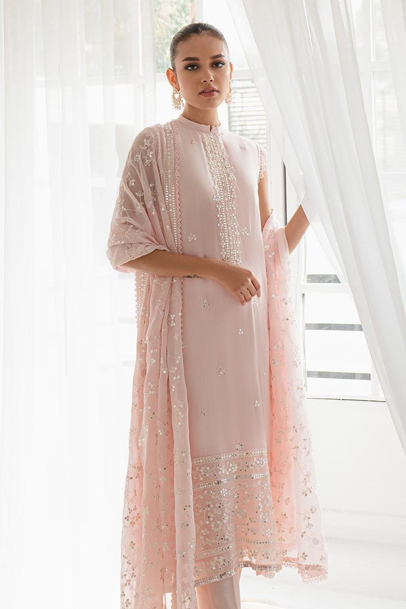 SHELL PINK-4PC CHIFFON EMBROIDERED SUIT || LUXE ATELIER-23 || CROSS STITCH in UK USA UAE online kapraye.com