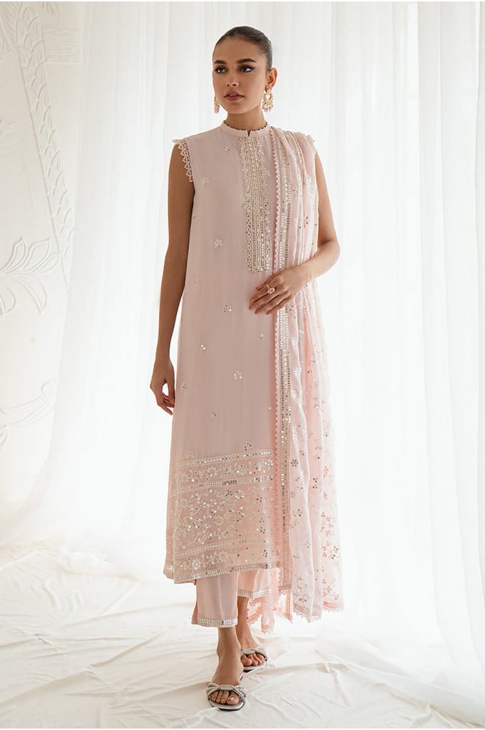 SHELL PINK-4PC CHIFFON EMBROIDERED SUIT || LUXE ATELIER-23 || CROSS STITCH in UK USA UAE online kapraye.com