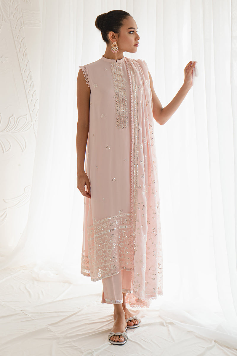 SHELL PINK-4PC CHIFFON EMBROIDERED SUIT || LUXE ATELIER-23 || CROSS STITCH in UK USA UAE online kapraye.com