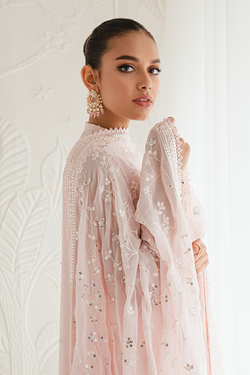 SHELL PINK-4PC CHIFFON EMBROIDERED SUIT || LUXE ATELIER-23 || CROSS STITCH in UK USA UAE online kapraye.com