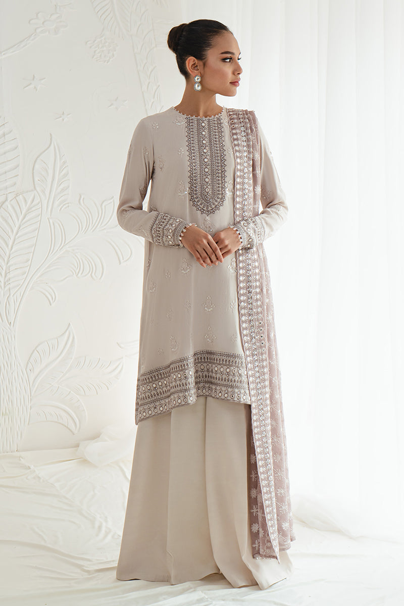 RADIANT ASH-3PC SILK EMBROIDERED SUIT || LUXE ATELIER-23 || CROSS STITCH in UK USA UAE online kapraye.com