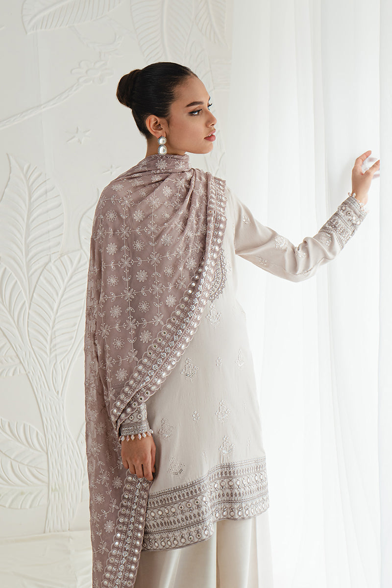 RADIANT ASH-3PC SILK EMBROIDERED SUIT || LUXE ATELIER-23 || CROSS STITCH in UK USA UAE online kapraye.com