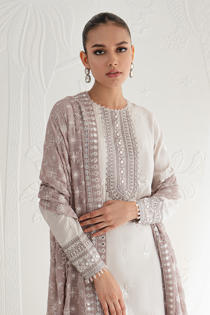 RADIANT ASH-3PC SILK EMBROIDERED SUIT || LUXE ATELIER-23 || CROSS STITCH in UK USA UAE online kapraye.com