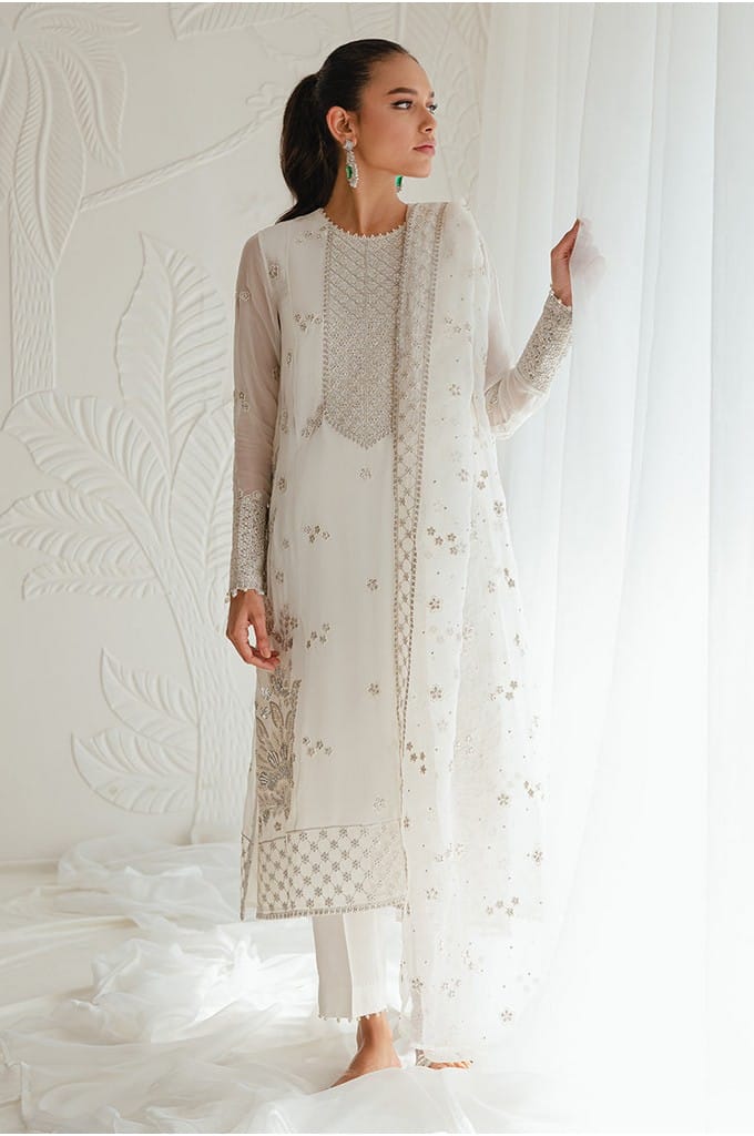 IVORY GLINT-4PC CHIFFON EMBROIDERED SUIT || LUXE ATELIER-23 || CROSS STITCH in UK USA UAE online kapraye.com