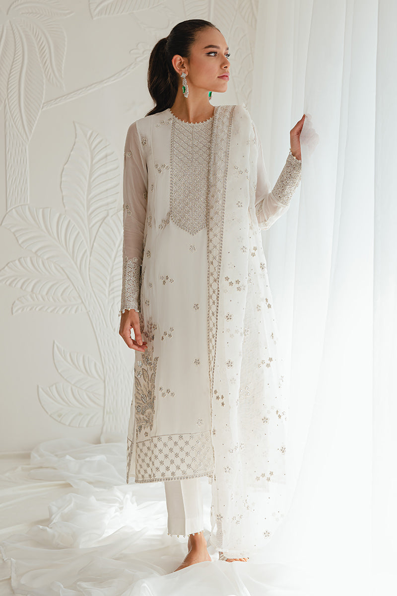 IVORY GLINT-4PC CHIFFON EMBROIDERED SUIT || LUXE ATELIER-23 || CROSS STITCH in UK USA UAE online kapraye.com