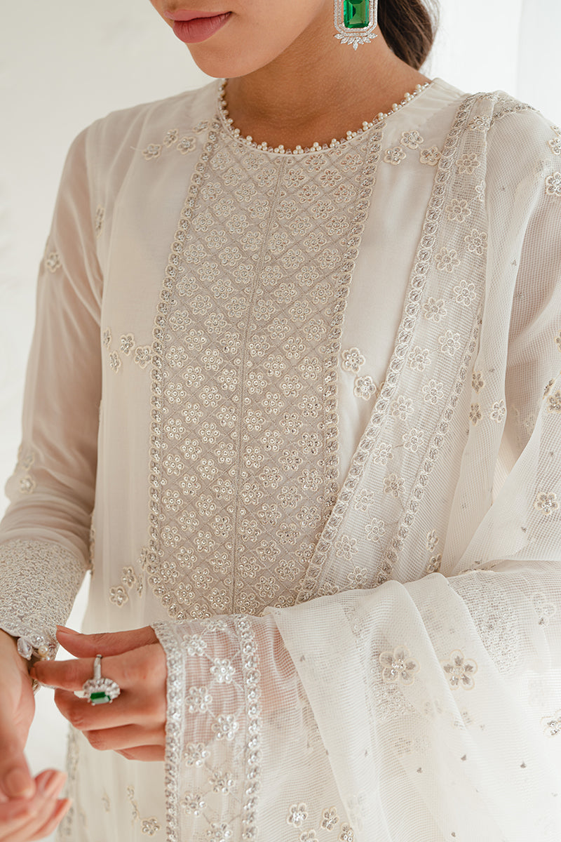 IVORY GLINT-4PC CHIFFON EMBROIDERED SUIT || LUXE ATELIER-23 || CROSS STITCH in UK USA UAE online kapraye.com