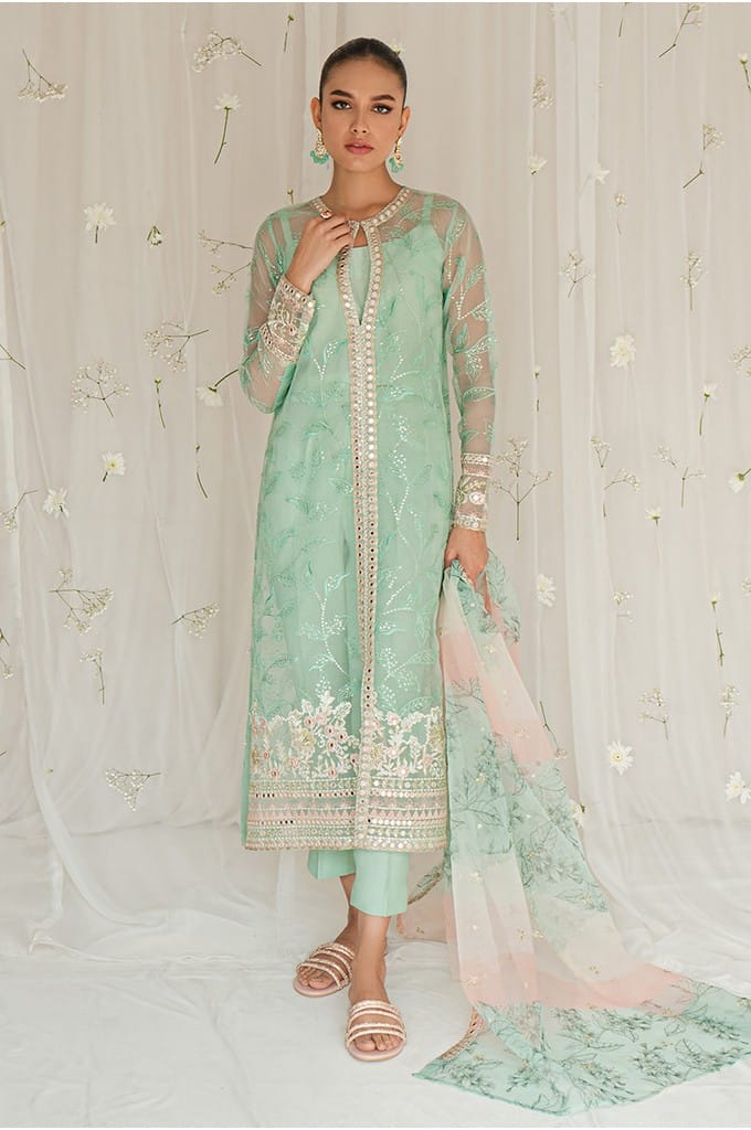 VERDANT STONE-4PC ORGANZA EMBROIDERED SUIT || LUXE ATELIER-23 || CROSS STITCH in UK USA UAE online kapraye.com