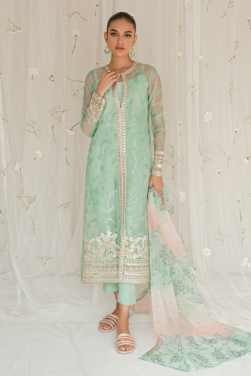 VERDANT STONE-4PC ORGANZA EMBROIDERED SUIT || LUXE ATELIER-23 || CROSS STITCH in UK USA UAE online kapraye.com