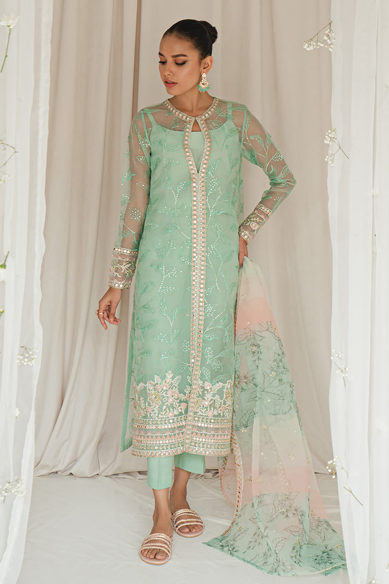 VERDANT STONE-4PC ORGANZA EMBROIDERED SUIT || LUXE ATELIER-23 || CROSS STITCH in UK USA UAE online kapraye.com