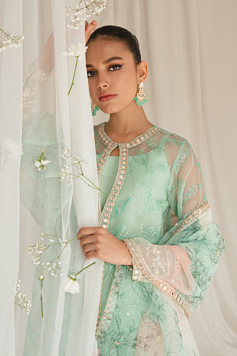 VERDANT STONE-4PC ORGANZA EMBROIDERED SUIT || LUXE ATELIER-23 || CROSS STITCH in UK USA UAE online kapraye.com