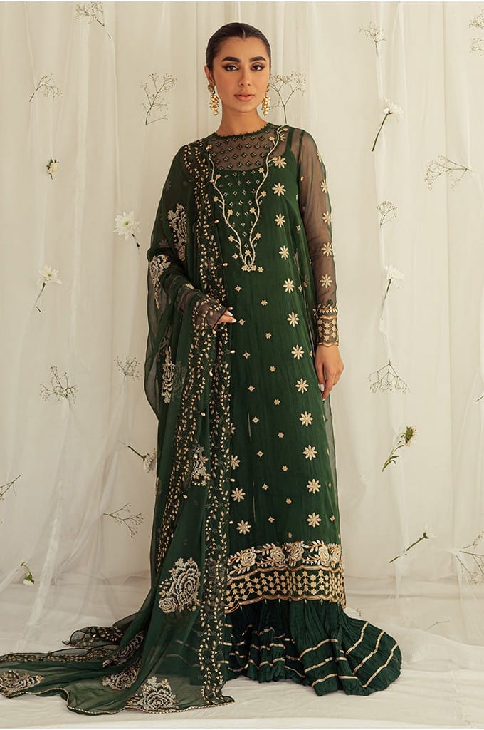 EMERALD CEYLON-4PC ORGANZA EMBROIDERED SUIT || LUXE ATELIER-23 || CROSS STITCH in UK USA UAE online kapraye.com