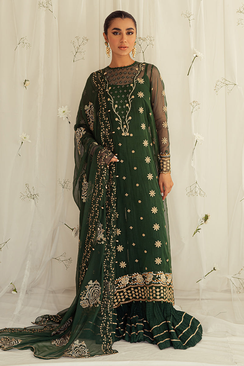 EMERALD CEYLON-4PC ORGANZA EMBROIDERED SUIT || LUXE ATELIER-23 || CROSS STITCH in UK USA UAE online kapraye.com