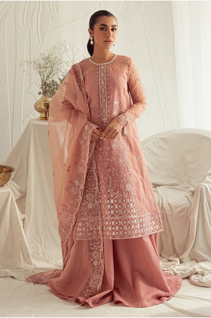 CASHMERE HAZE-4PC: ORGANZA EMBROIDERED SUIT|| LUXE ATELIER-23 || CROSS STITCH in UK USA UAE online kapraye.com