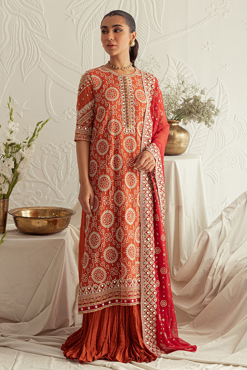 CRIMSON RUBY-4PC CHIFFON EMBROIDERED SUIT || LUXE ATELIER-23 || CROSS STITCH in UK USA UAE online kapraye.com