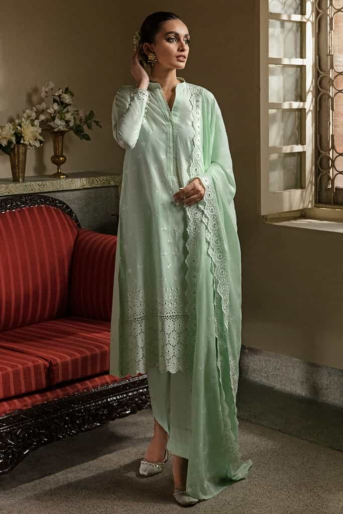 MINT VOYAGE-3PC CHIKANKARI LAWN SUIT | CHIKANKARI LAWN | CROSS STITCH in UK USA UAE online kapraye.com