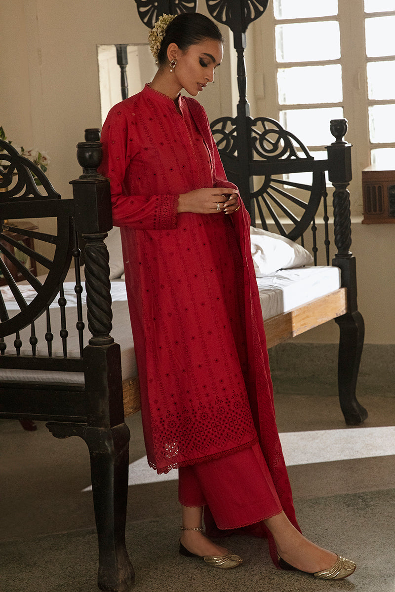 RUBY RED-3PC CHIKANKARI LAWN SUIT | CHIKANKARI LAWN | CROSS STITCH in UK USA UAE online kapraye.com