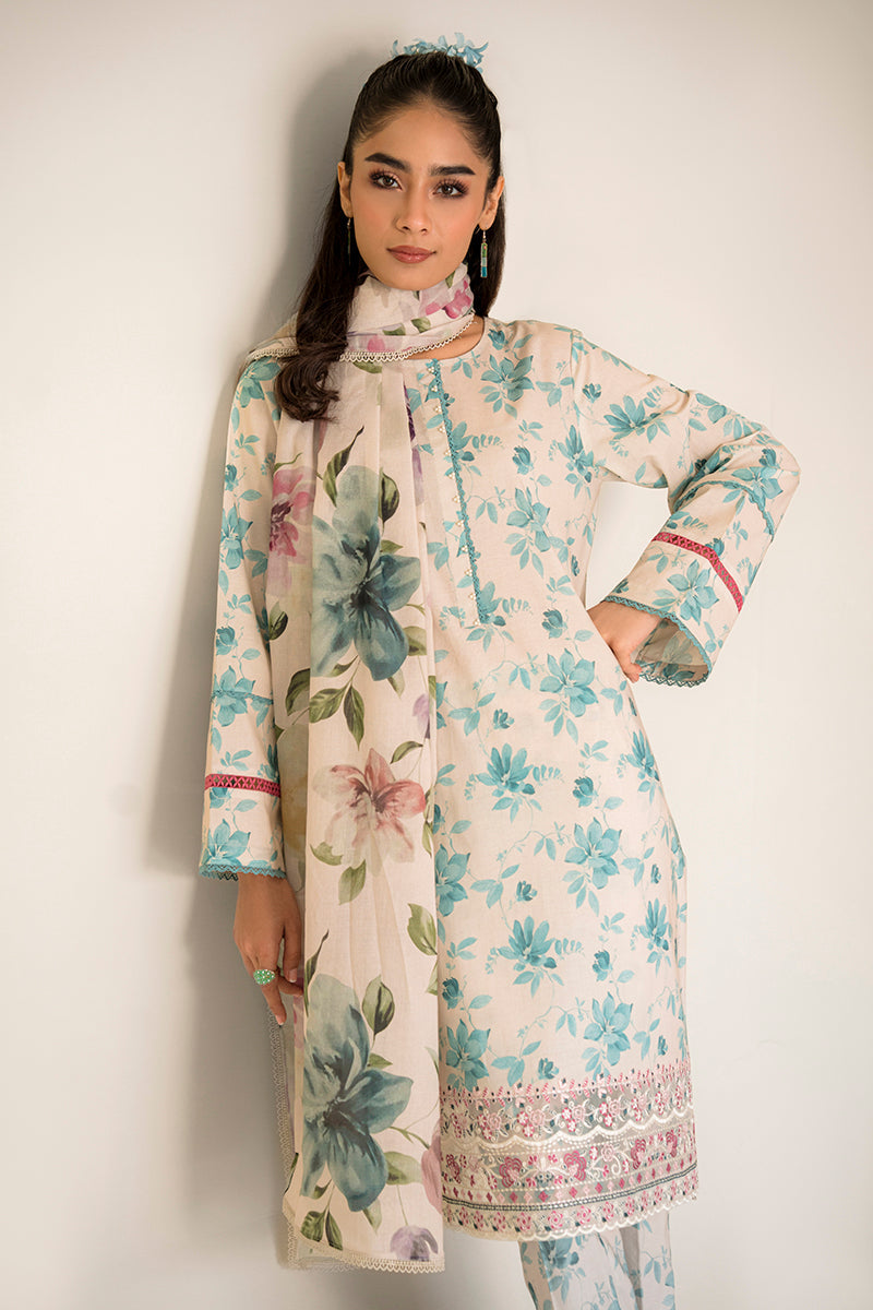 BLUE MIST-3PC PRINTED LAWN SUIT || PETALS&PRINTS || CROSS STITCH in UK USA UAE online kapraye.com