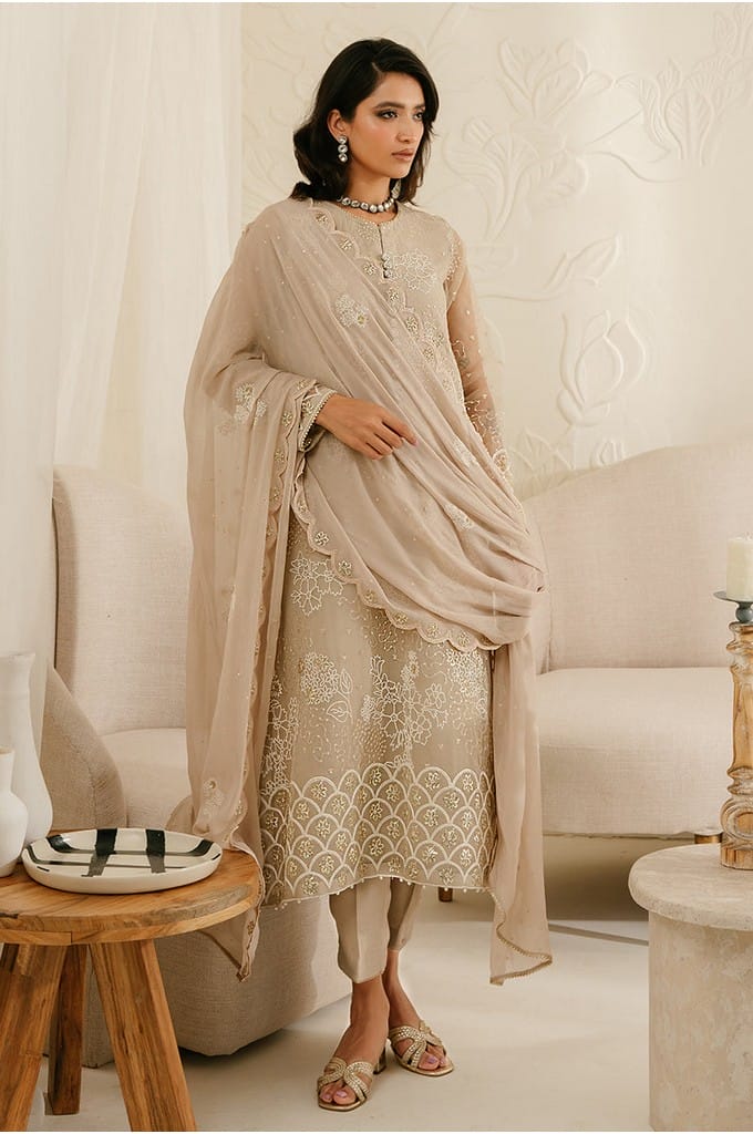 ASH GRAY-4PC ORGANZA EMBROIDERED SUIT || LUXE ATELIER-23 || CROSS STITCH in UK USA UAE online kapraye.com