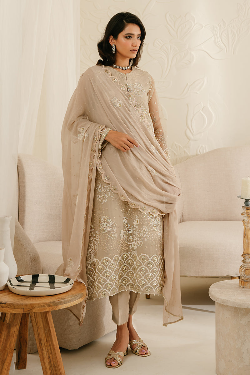 ASH GRAY-4PC ORGANZA EMBROIDERED SUIT || LUXE ATELIER-23 || CROSS STITCH in UK USA UAE online kapraye.com