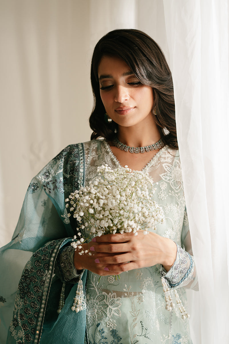 AQUAMARINE AZURE-4PC ORGANZA EMBROIDERED SUIT || LUXE ATELIER-23 || CROSS STITCH in UK USA UAE online kapraye.com