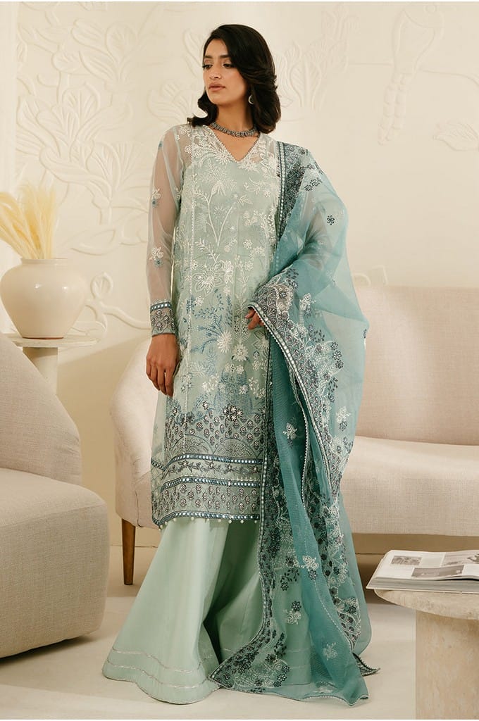 AQUAMARINE AZURE-4PC ORGANZA EMBROIDERED SUIT || LUXE ATELIER-23 || CROSS STITCH in UK USA UAE online kapraye.com