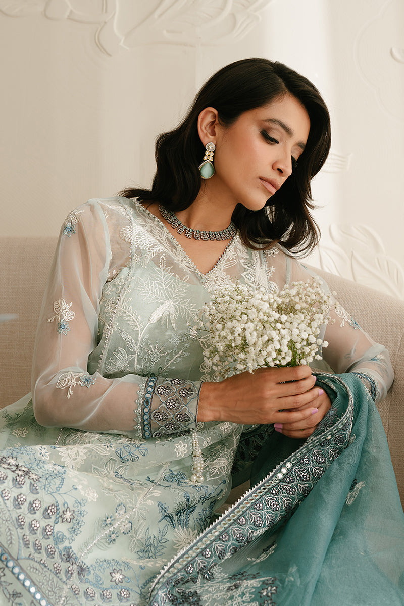 AQUAMARINE AZURE-4PC ORGANZA EMBROIDERED SUIT || LUXE ATELIER-23 || CROSS STITCH in UK USA UAE online kapraye.com