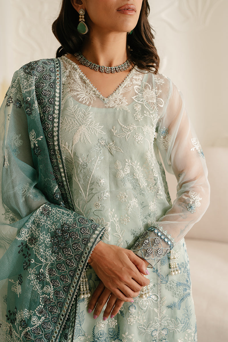 AQUAMARINE AZURE-4PC ORGANZA EMBROIDERED SUIT || LUXE ATELIER-23 || CROSS STITCH in UK USA UAE online kapraye.com