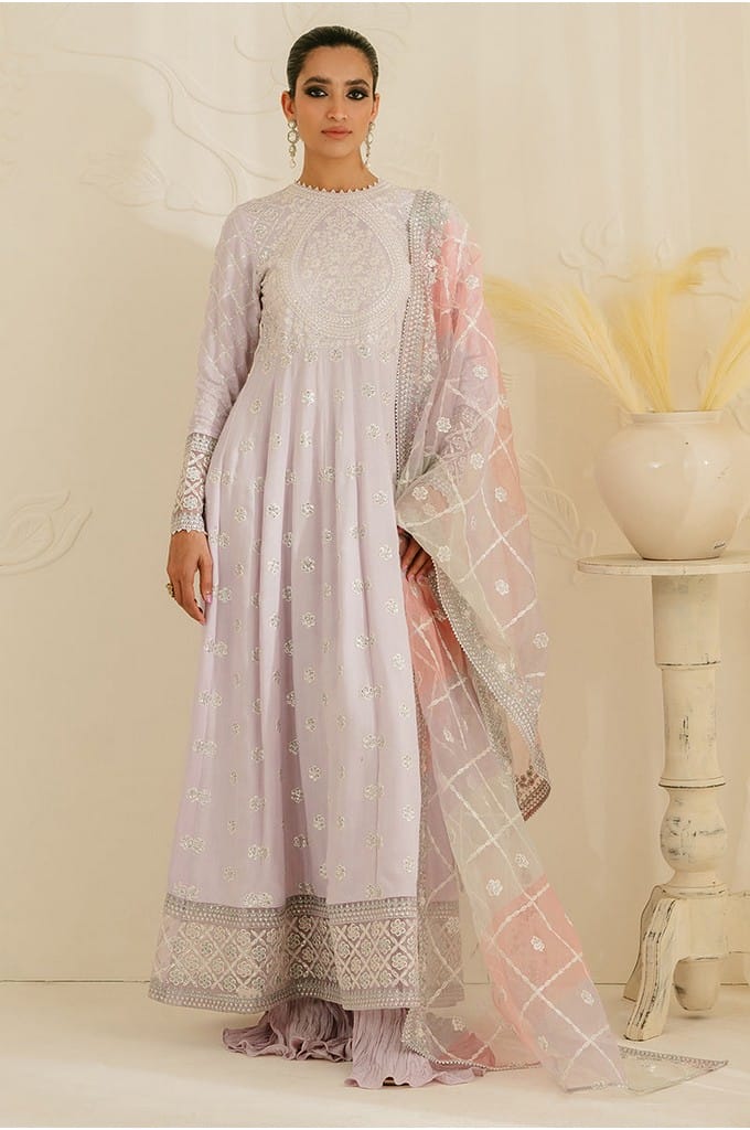 PASTEL MAUVE-3PC SILK EMBROIDERED SUIT || LUXE ATELIER-23 || CROSS STITCH in UK USA UAE online kapraye.com