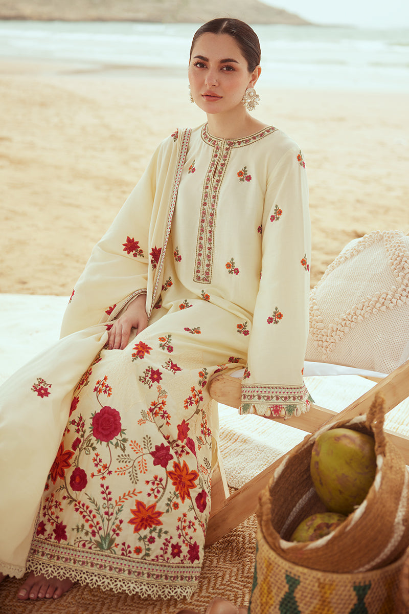 CREWEL CREAM-3PC SATIN EMBROIDERED SUIT || COTTON SATIN UNSTITCHED-23 || CROSS STITCH in UK USA UAE online kapraye.com