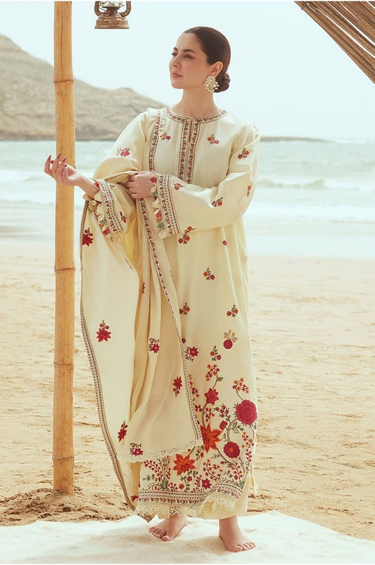 CREWEL CREAM-3PC SATIN EMBROIDERED SUIT || COTTON SATIN UNSTITCHED-23 || CROSS STITCH in UK USA UAE online kapraye.com