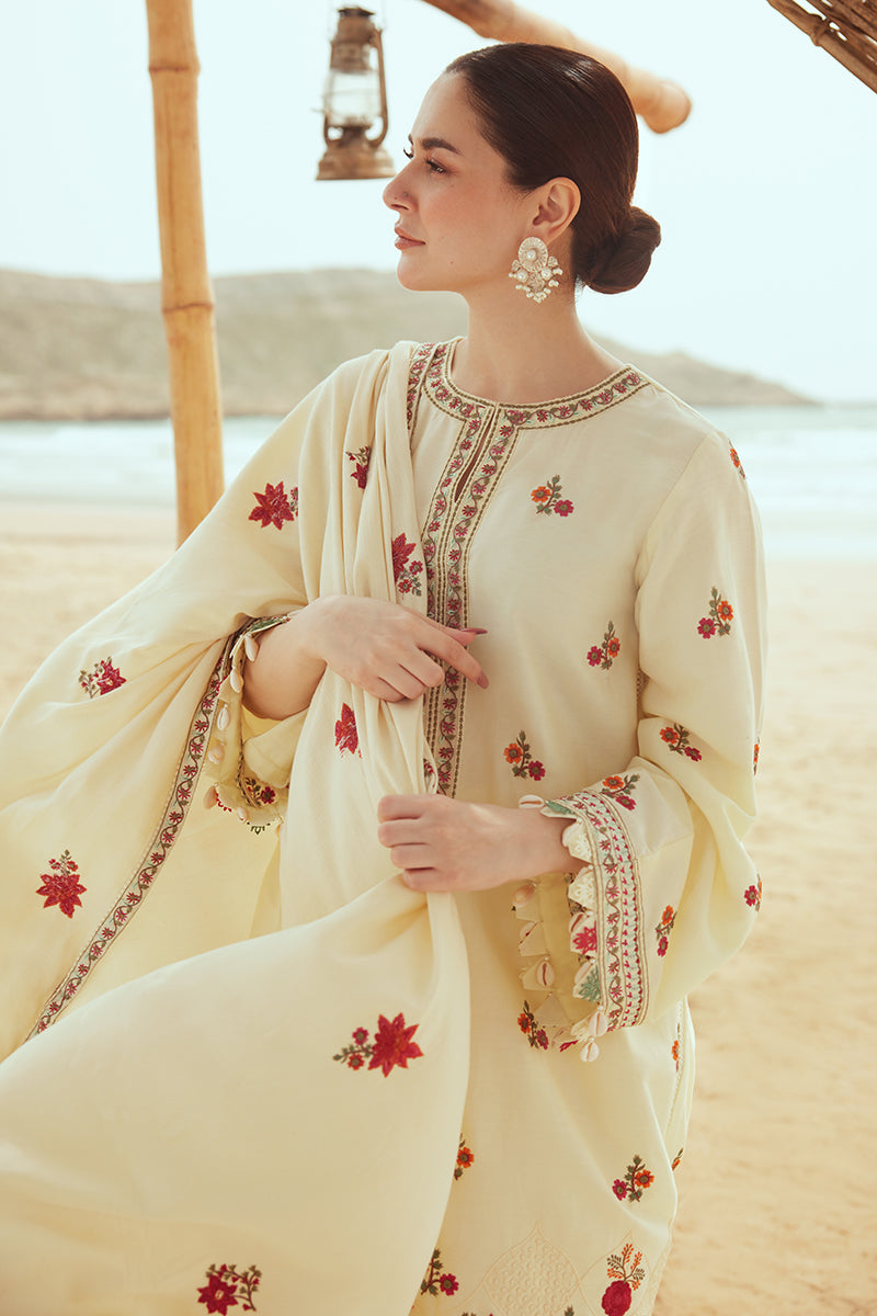 CREWEL CREAM-3PC SATIN EMBROIDERED SUIT || COTTON SATIN UNSTITCHED-23 || CROSS STITCH in UK USA UAE online kapraye.com