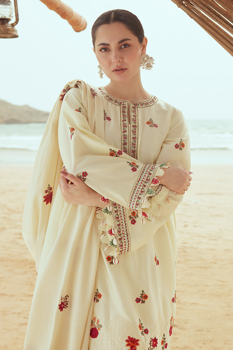 CREWEL CREAM-3PC SATIN EMBROIDERED SUIT || COTTON SATIN UNSTITCHED-23 || CROSS STITCH in UK USA UAE online kapraye.com