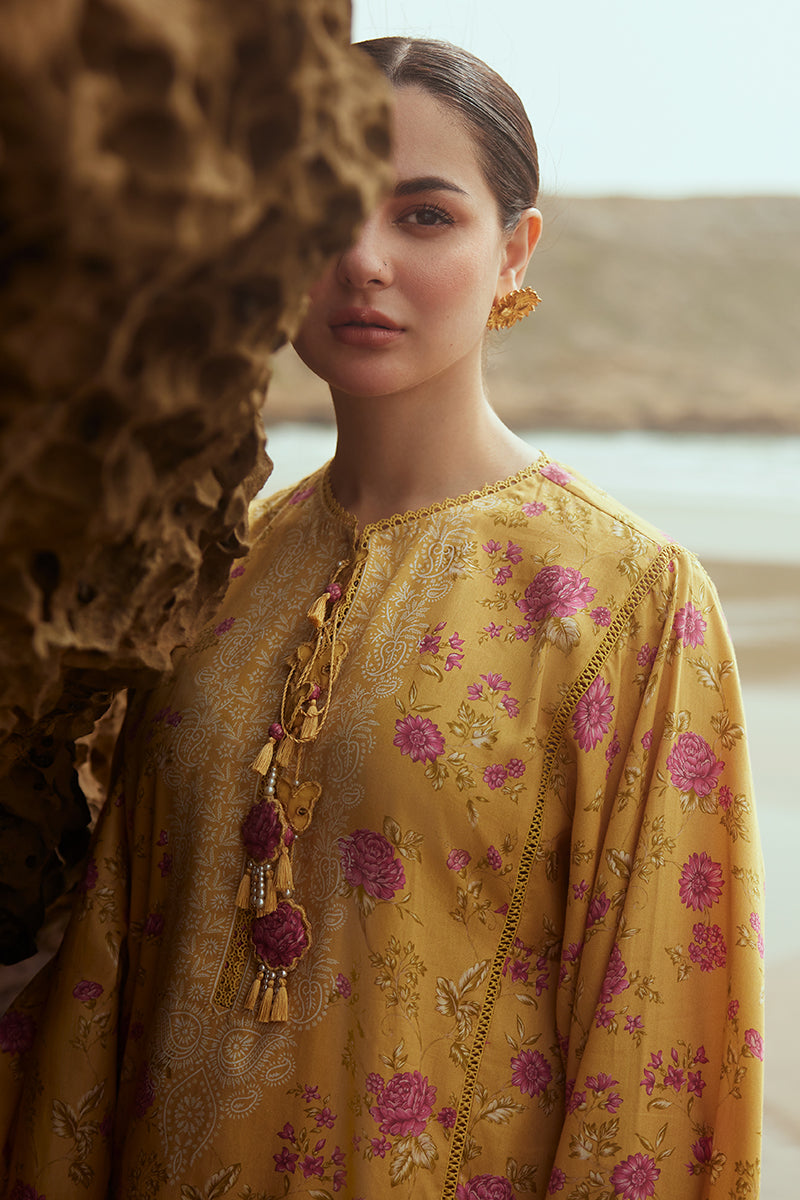 BLOOMING GOLD-3PC SATIN PRINTED SUIT || COTTON SATIN UNSTITCHED-23 || CROSS STITCH in UK USA UAE online kapraye.com