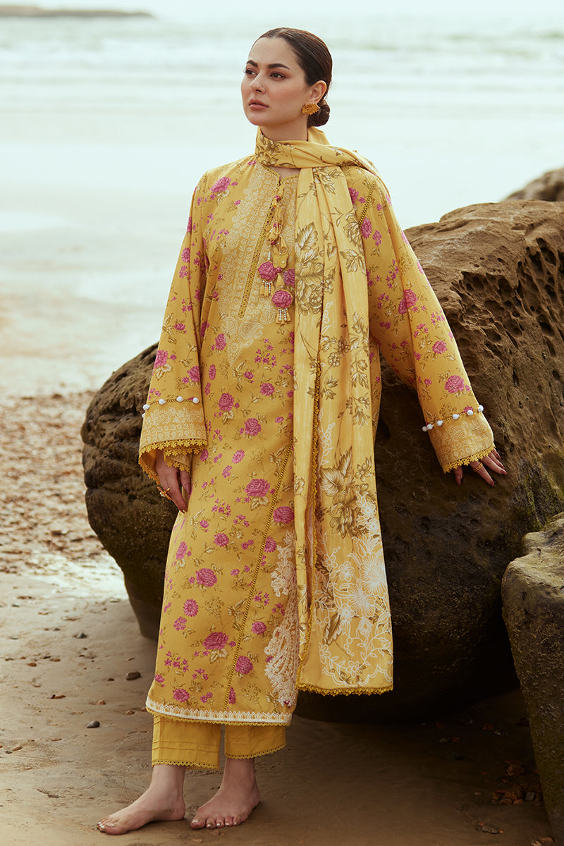 BLOOMING GOLD-3PC SATIN PRINTED SUIT || COTTON SATIN UNSTITCHED-23 || CROSS STITCH in UK USA UAE online kapraye.com