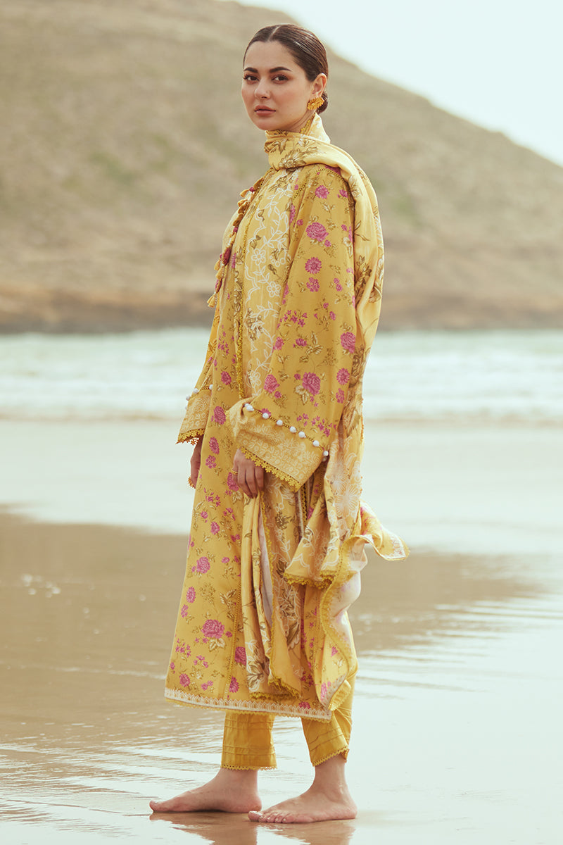 BLOOMING GOLD-3PC SATIN PRINTED SUIT || COTTON SATIN UNSTITCHED-23 || CROSS STITCH in UK USA UAE online kapraye.com