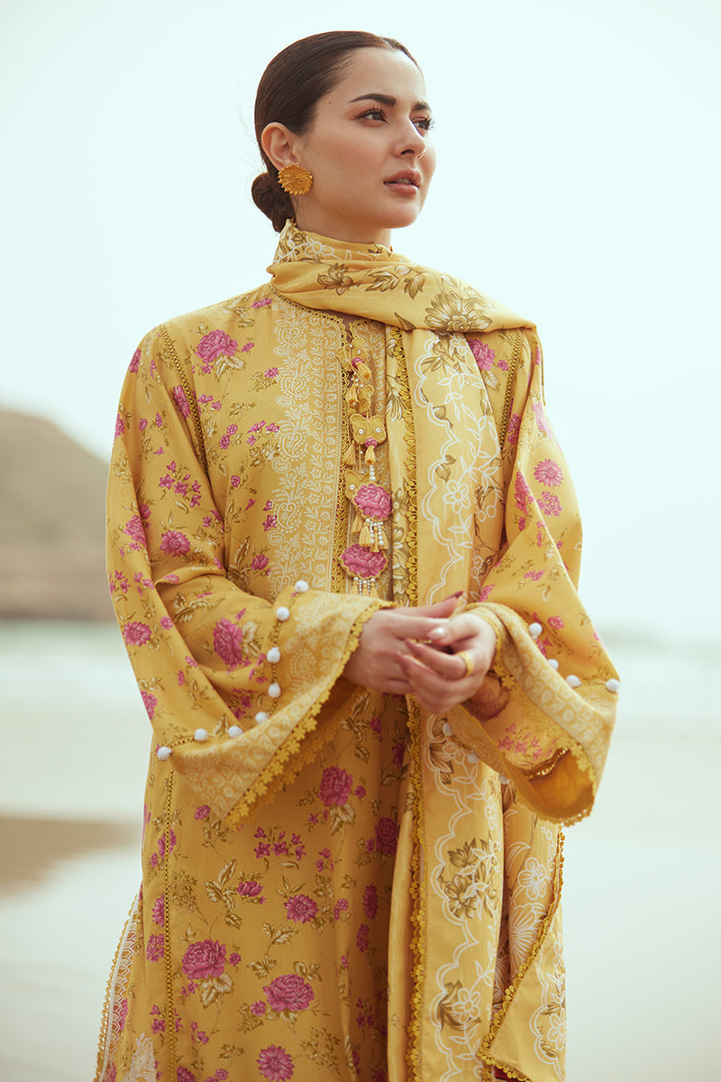 BLOOMING GOLD-3PC SATIN PRINTED SUIT || COTTON SATIN UNSTITCHED-23 || CROSS STITCH in UK USA UAE online kapraye.com