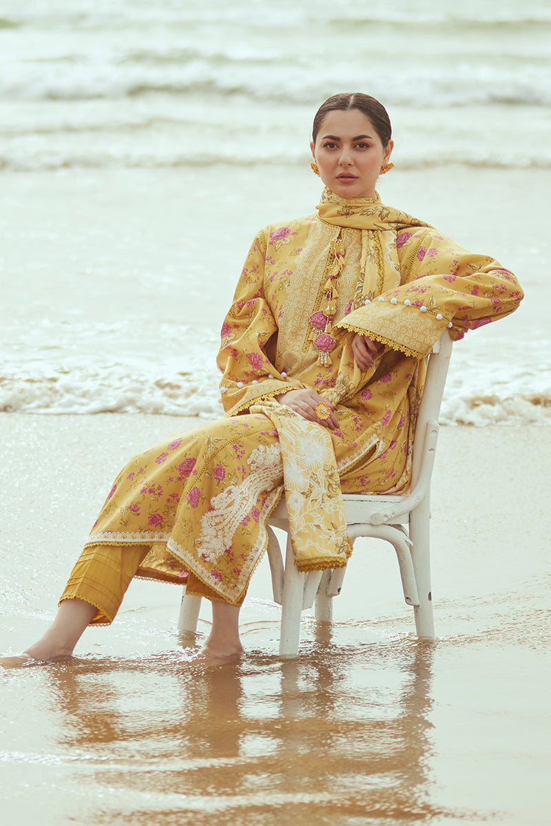 BLOOMING GOLD-3PC SATIN PRINTED SUIT || COTTON SATIN UNSTITCHED-23 || CROSS STITCH in UK USA UAE online kapraye.com