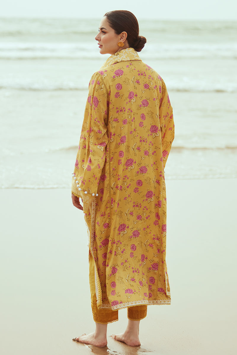 BLOOMING GOLD-3PC SATIN PRINTED SUIT || COTTON SATIN UNSTITCHED-23 || CROSS STITCH in UK USA UAE online kapraye.com