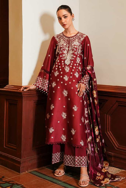 DEEP BERRY-3PC SATIN EMBROIDERED SUIT | SATIN DE LUXE | CROSS STITCH