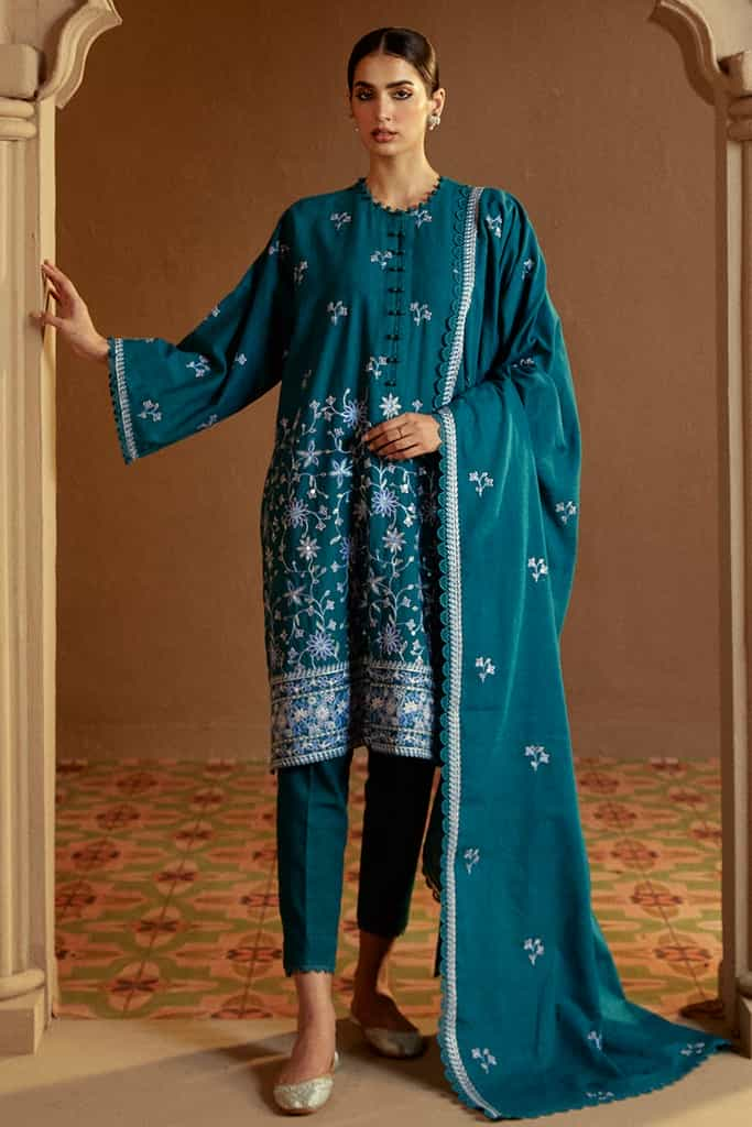 TURQUOISE MEADOW-3 PC KHADDAR EMBROIDERED SUIT | WINTER COLLECTION-24 | CROSS STITCH