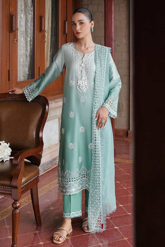 AQUA MELODY-3PC SATIN EMBROIDERED SUIT | SATIN DE LUXE | CROSS STITCH