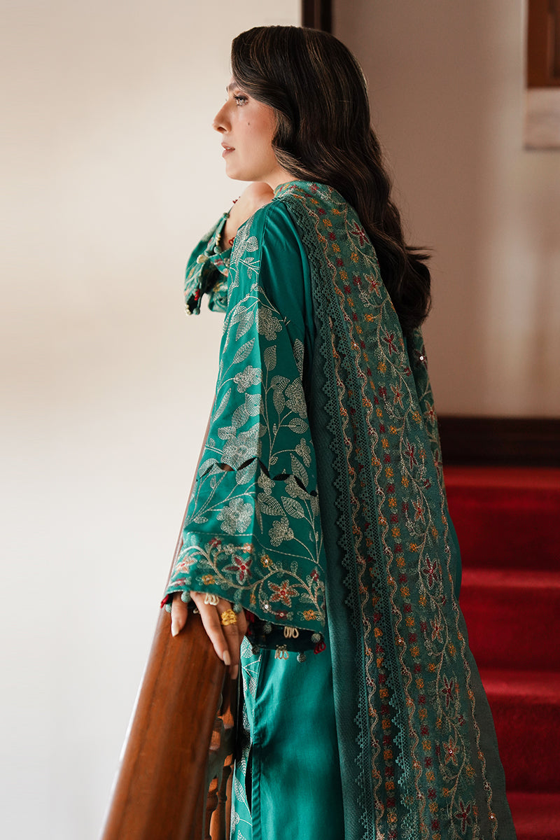 VERDANT HAVEN-3PC SATIN EMBROIDERED SUIT | SATIN DE LUXE | CROSS STITCH in UK USA UAE online kapraye.com