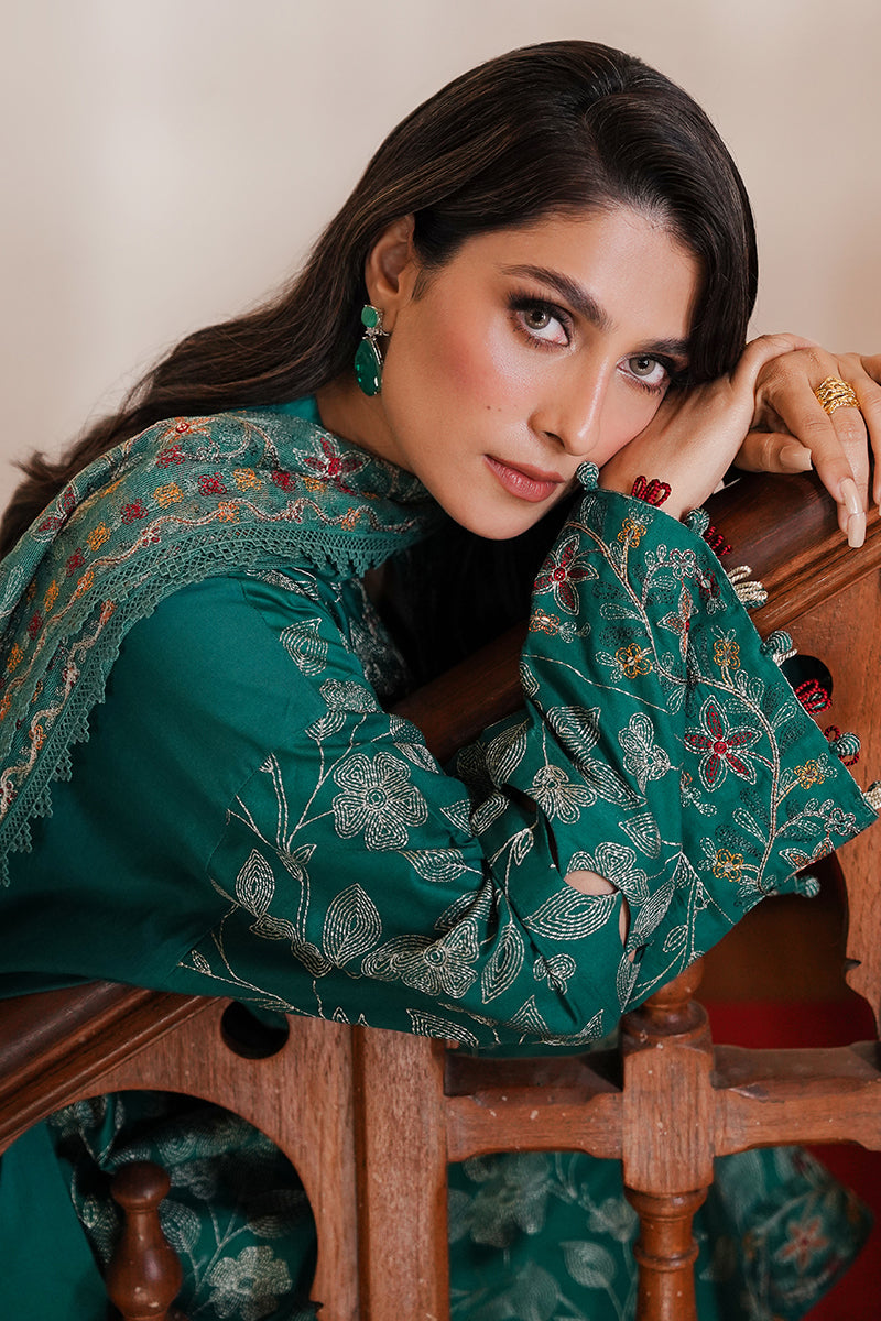 VERDANT HAVEN-3PC SATIN EMBROIDERED SUIT | SATIN DE LUXE | CROSS STITCH in UK USA UAE online kapraye.com