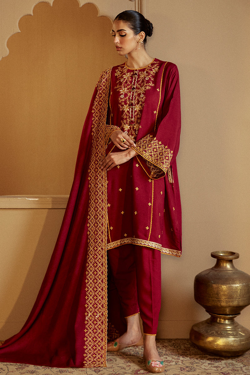 REGAL ROSEWOOD-3 PC LINEN EMBROIDERED SUIT | WINTER COLLECTION-24 | CROSS STITCH