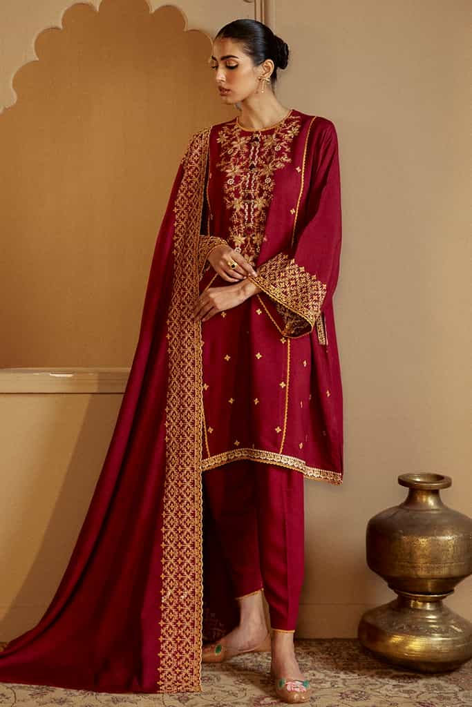 REGAL ROSEWOOD-3 PC LINEN EMBROIDERED SUIT | WINTER COLLECTION-24 | CROSS STITCH