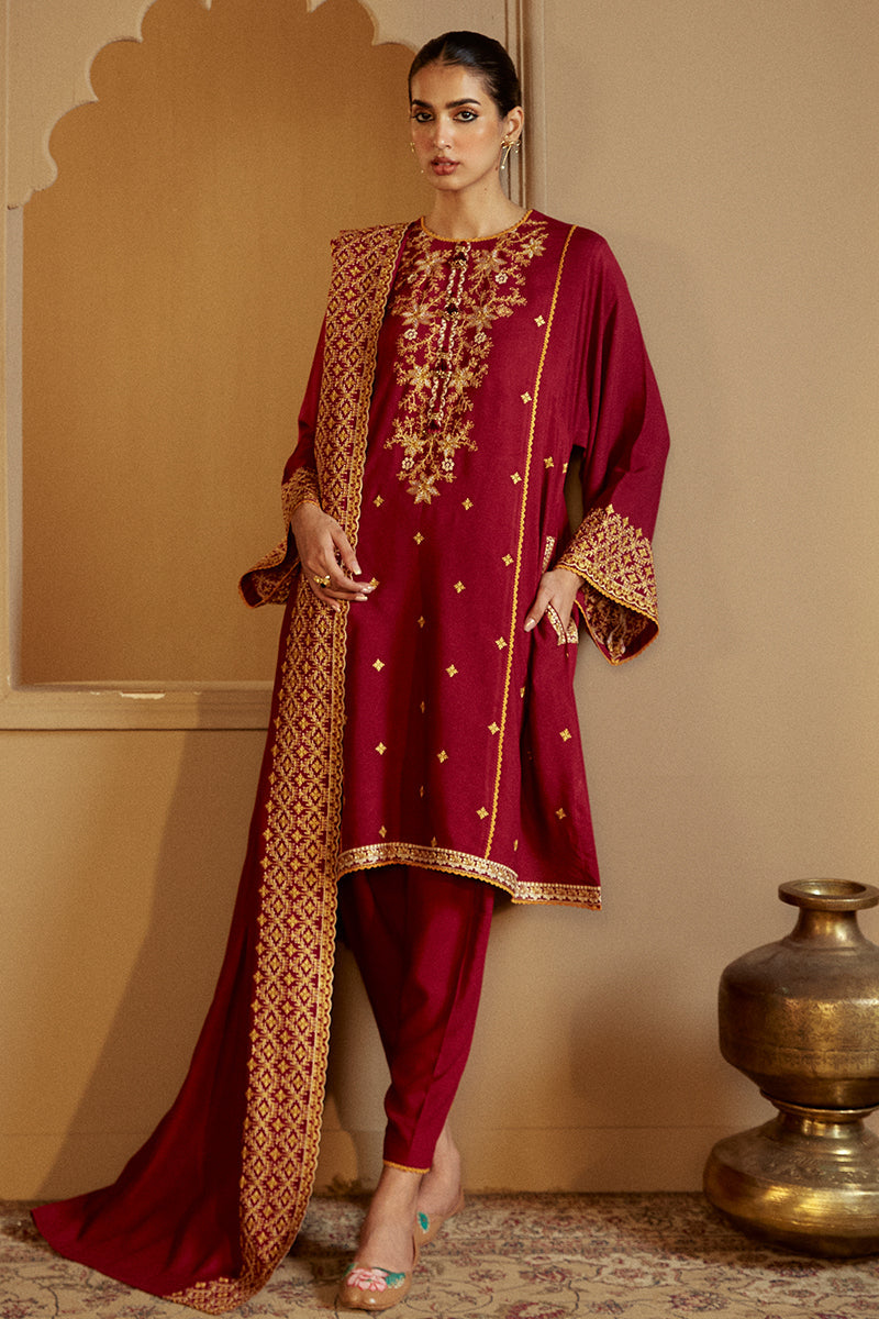 REGAL ROSEWOOD-3 PC LINEN EMBROIDERED SUIT | WINTER COLLECTION-24 | CROSS STITCH