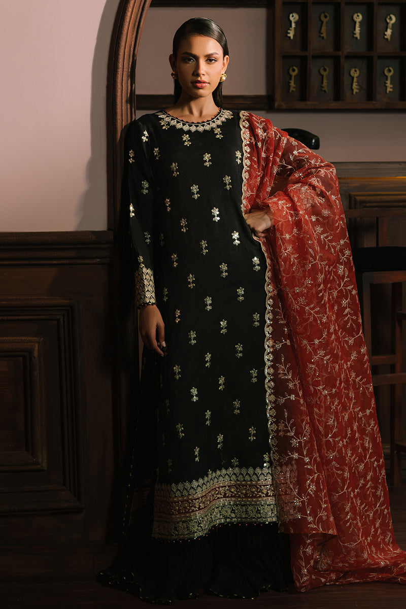 SCARLET CINNABAR-3PC SILK EMBROIDERED SUIT | WEDDING UNSTITCHED | CROSS STITCH in UK USA UAE online kapraye.com