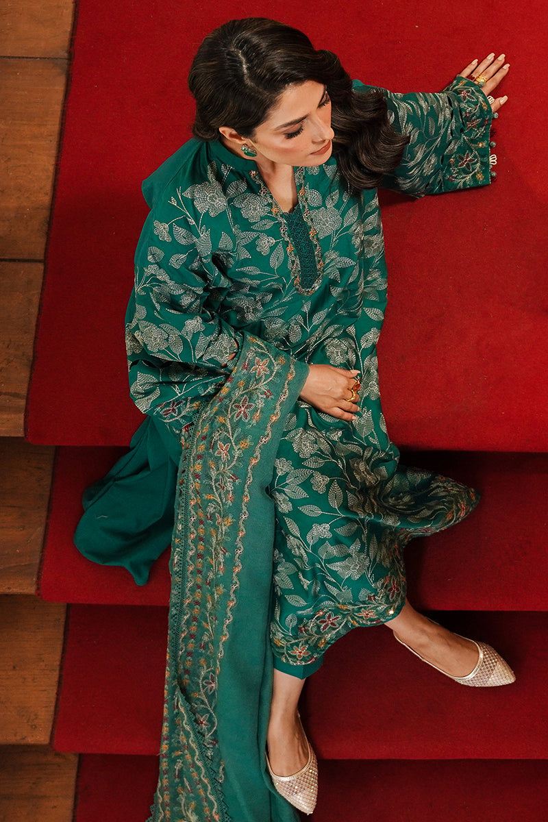 VERDANT HAVEN-3PC SATIN EMBROIDERED SUIT | SATIN DE LUXE | CROSS STITCH in UK USA UAE online kapraye.com